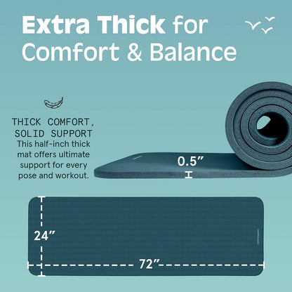 Solana Yoga Mat Thick 1/2in Non-Slip Workout Mat with Nylon Strap - 72x24in Exercise Mat for Pilates, Stretching & Fitness - BPA Free, Easy Clean