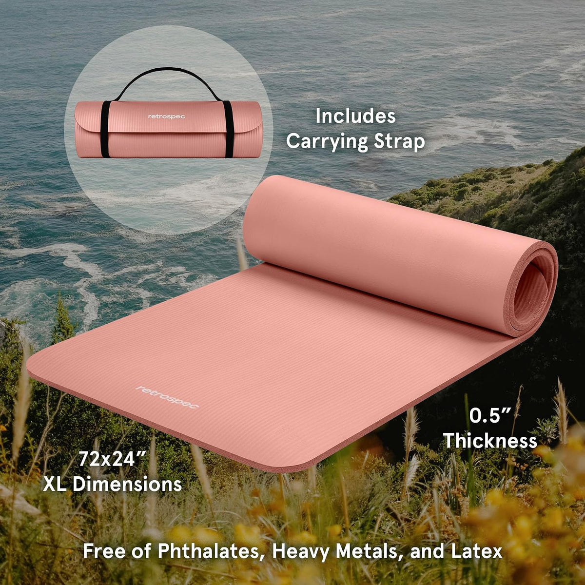 Solana Yoga Mat Thick 1/2in Non-Slip Workout Mat with Nylon Strap - 72x24in Exercise Mat for Pilates, Stretching & Fitness - BPA Free, Easy Clean