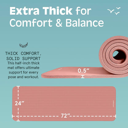Solana Yoga Mat Thick 1/2in Non-Slip Workout Mat with Nylon Strap - 72x24in Exercise Mat for Pilates, Stretching & Fitness - BPA Free, Easy Clean