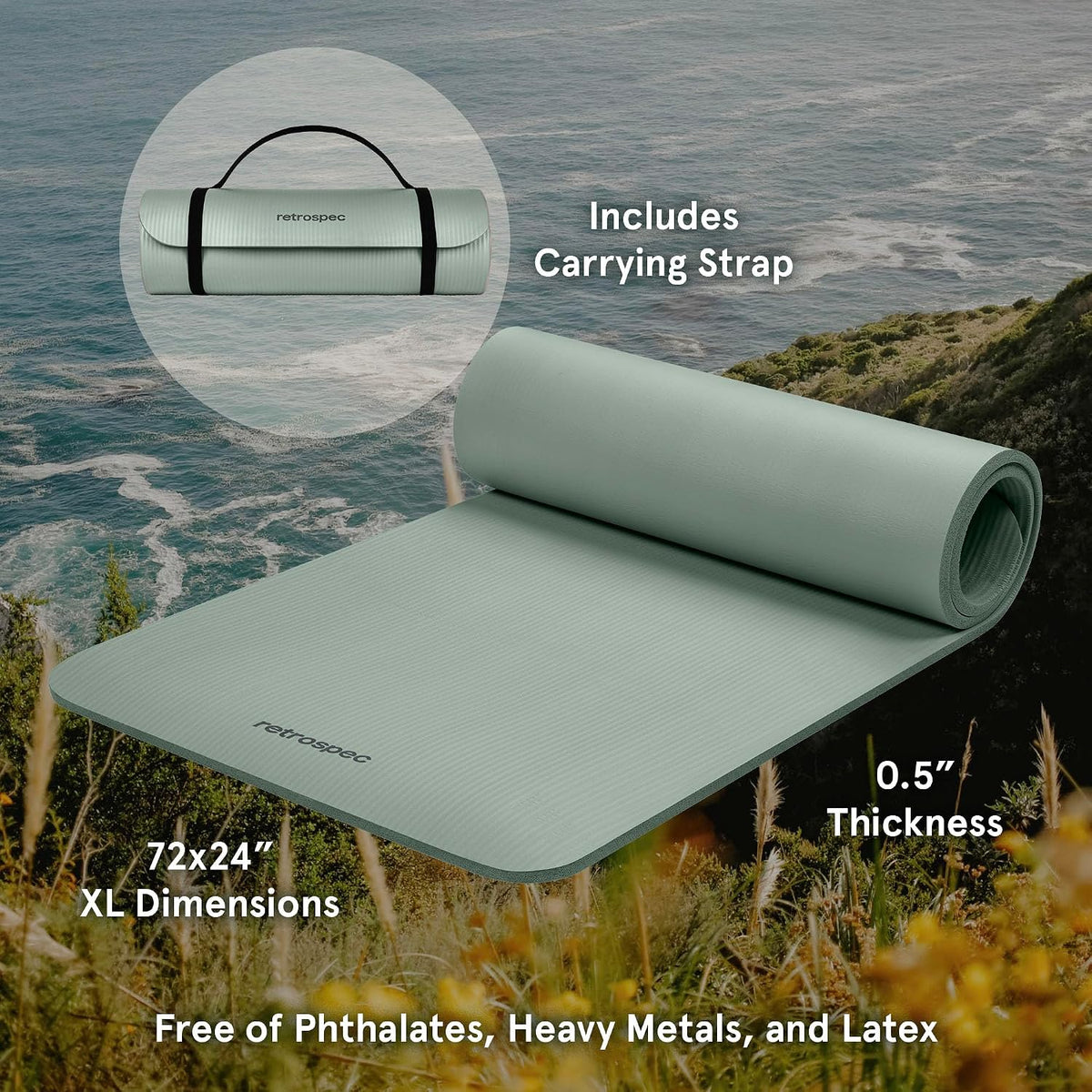 Solana Yoga Mat Thick 1/2in Non-Slip Workout Mat with Nylon Strap - 72x24in Exercise Mat for Pilates, Stretching & Fitness - BPA Free, Easy Clean