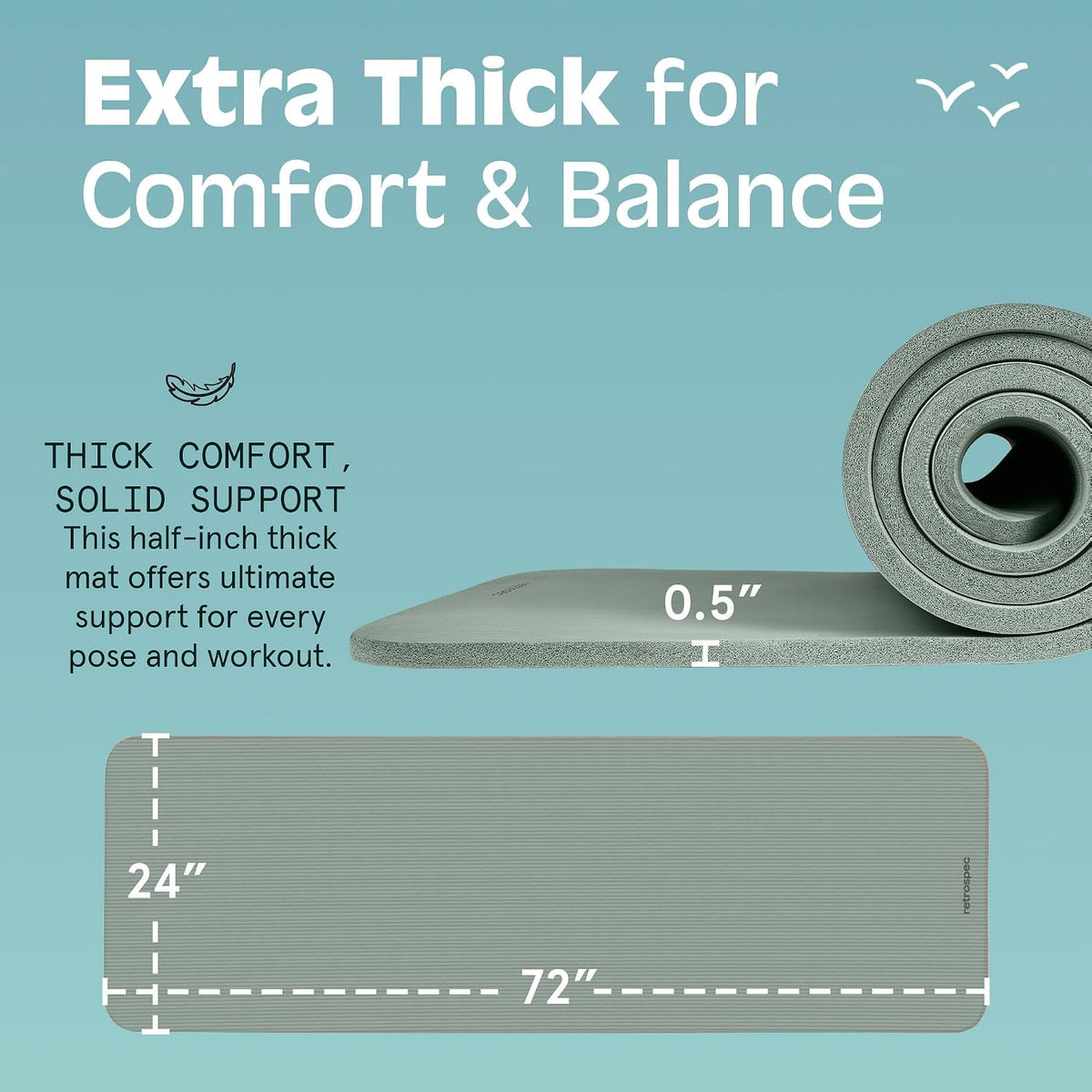 Solana Yoga Mat Thick 1/2in Non-Slip Workout Mat with Nylon Strap - 72x24in Exercise Mat for Pilates, Stretching & Fitness - BPA Free, Easy Clean