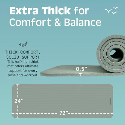 Solana Yoga Mat Thick 1/2in Non-Slip Workout Mat with Nylon Strap - 72x24in Exercise Mat for Pilates, Stretching & Fitness - BPA Free, Easy Clean
