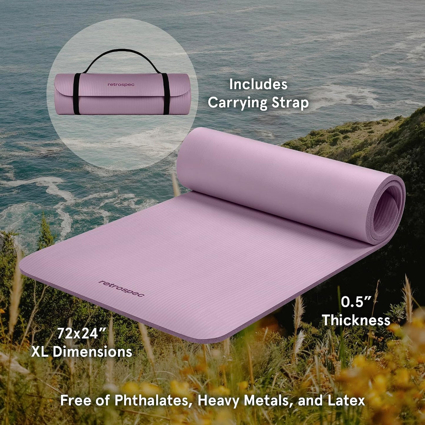 Solana Yoga Mat Thick 1/2in Non-Slip Workout Mat with Nylon Strap - 72x24in Exercise Mat for Pilates, Stretching & Fitness - BPA Free, Easy Clean