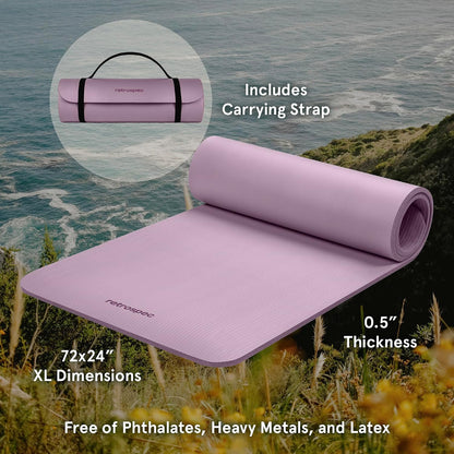 Solana Yoga Mat Thick 1/2in Non-Slip Workout Mat with Nylon Strap - 72x24in Exercise Mat for Pilates, Stretching & Fitness - BPA Free, Easy Clean