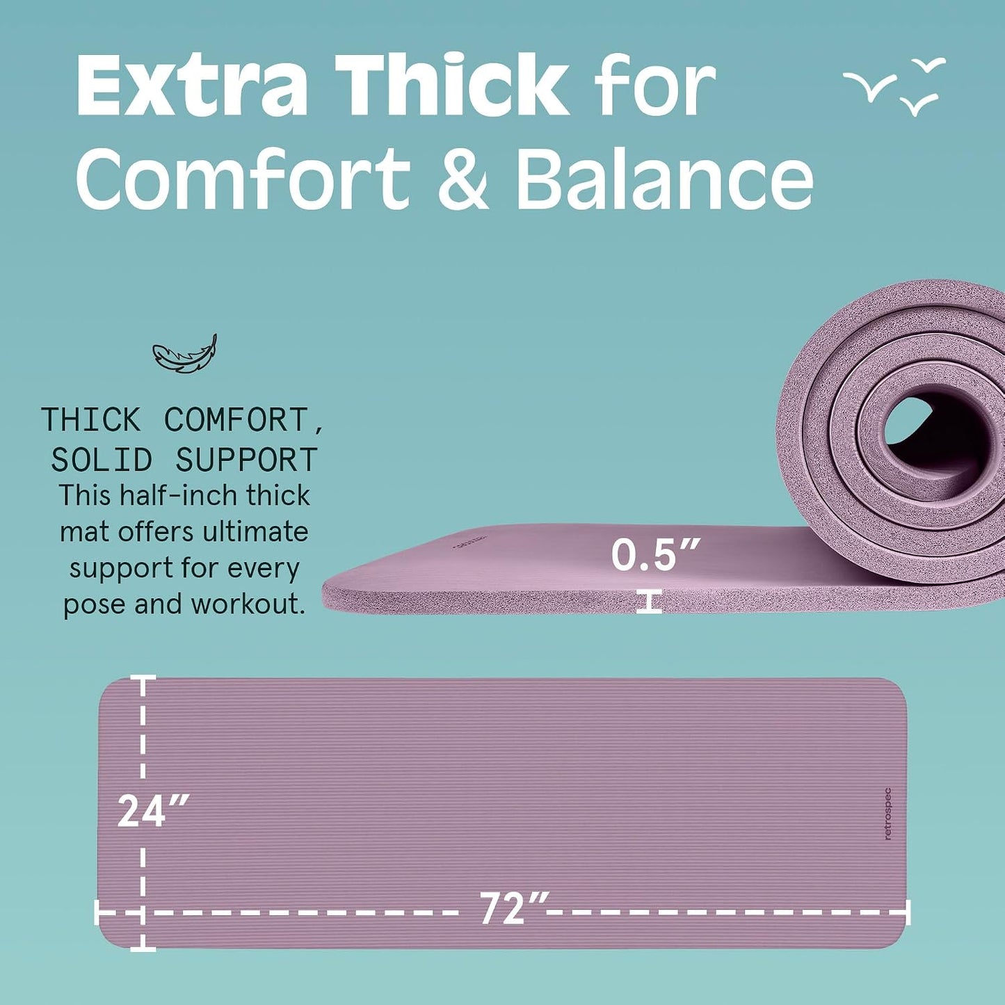 Solana Yoga Mat Thick 1/2in Non-Slip Workout Mat with Nylon Strap - 72x24in Exercise Mat for Pilates, Stretching & Fitness - BPA Free, Easy Clean