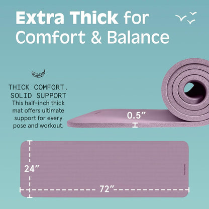 Solana Yoga Mat Thick 1/2in Non-Slip Workout Mat with Nylon Strap - 72x24in Exercise Mat for Pilates, Stretching & Fitness - BPA Free, Easy Clean
