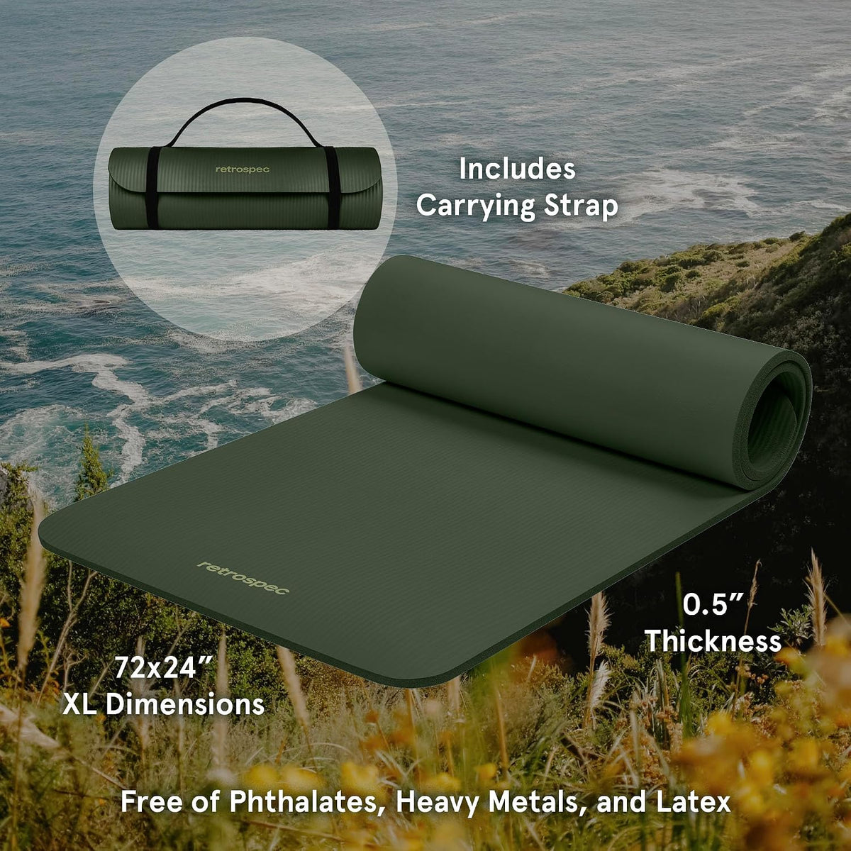 Solana Yoga Mat Thick 1/2in Non-Slip Workout Mat with Nylon Strap - 72x24in Exercise Mat for Pilates, Stretching & Fitness - BPA Free, Easy Clean