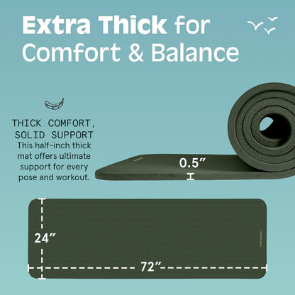 Solana Yoga Mat Thick 1/2in Non-Slip Workout Mat with Nylon Strap - 72x24in Exercise Mat for Pilates, Stretching & Fitness - BPA Free, Easy Clean