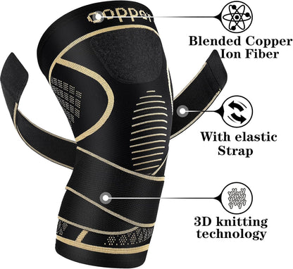 Copper Knee Braces with Strap for Knee Pain Women and Men(2 Pack), Knee Compression Sleeve for Arthritis, ACL, Meniscus Tear, Joint Pain Relief, Knee Support for Working, Running, Weightlifting(M)