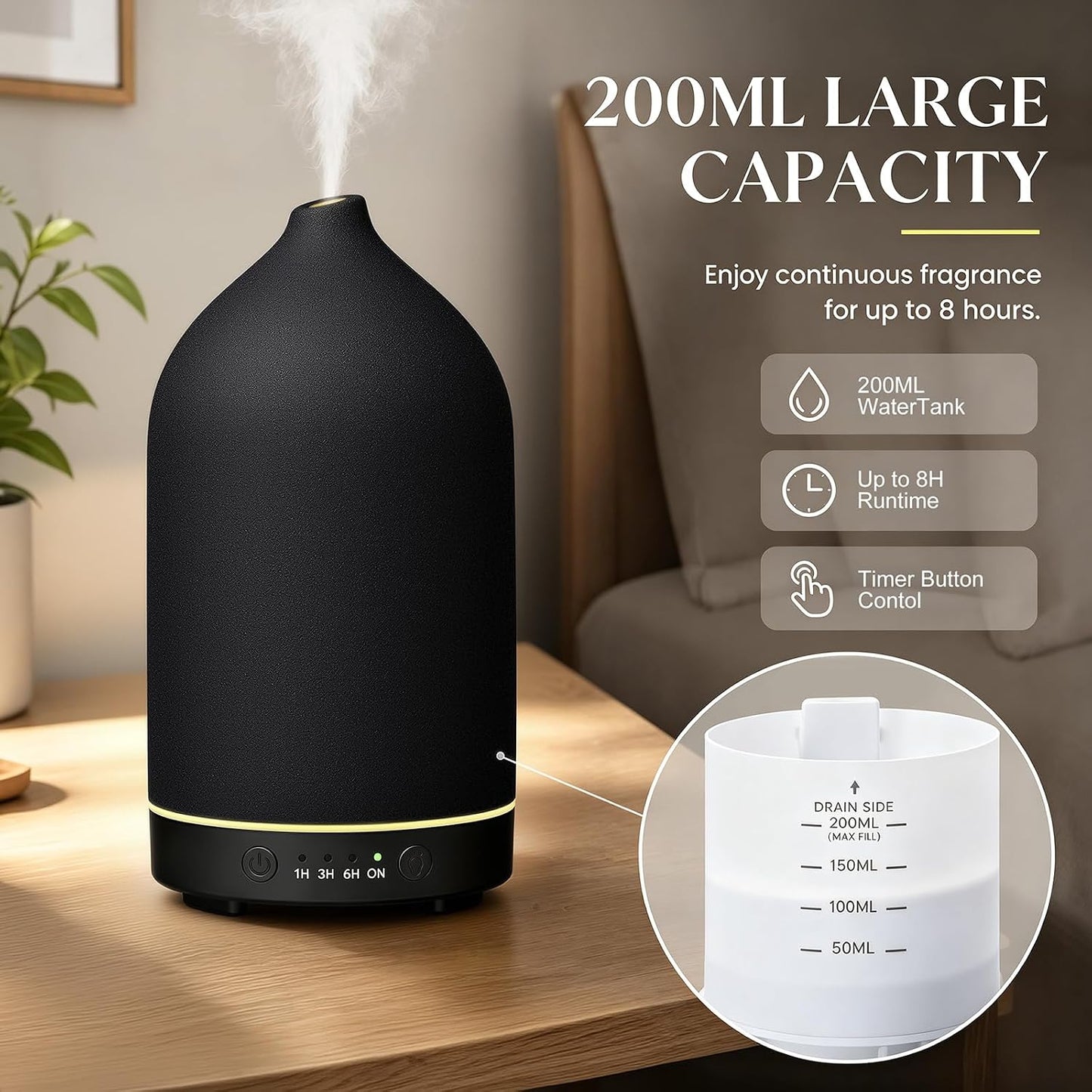 200ML Ceramic Essential Oil Diffuser for Home, Stone Diffuser