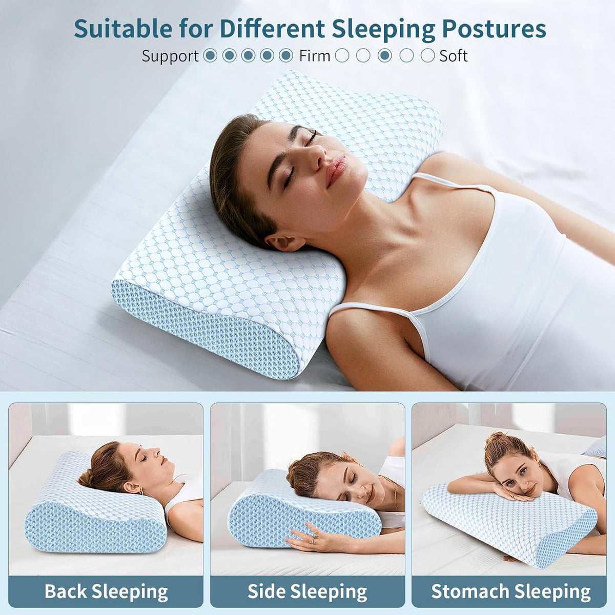 Cervical Pillow for Neck Pain Relief, Contour Memory Foam Pillows for Sleeping, Ergonomic Pillow Cooling Pillow Bed Pillow Neck Support for Side Back Stomach Sleepers (Blue)
