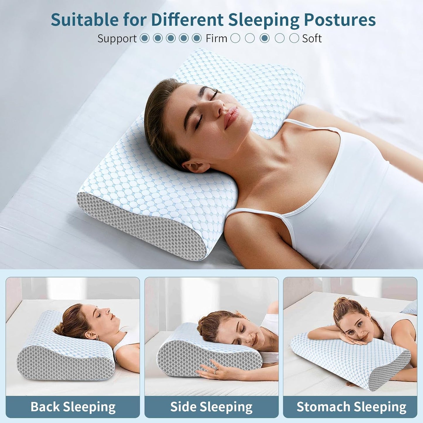 Cervical Pillow for Neck Pain Relief, Contour Memory Foam Pillows for Sleeping, Ergonomic Pillow Cooling Pillow Bed Pillow Neck Support for Side Back Stomach Sleepers (Blue)