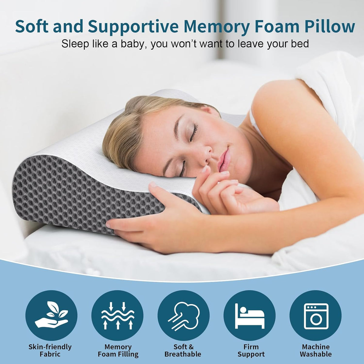 Cervical Pillow for Neck Pain Relief, Contour Memory Foam Pillows for Sleeping, Ergonomic Pillow Cooling Pillow Bed Pillow Neck Support for Side Back Stomach Sleepers (Blue)