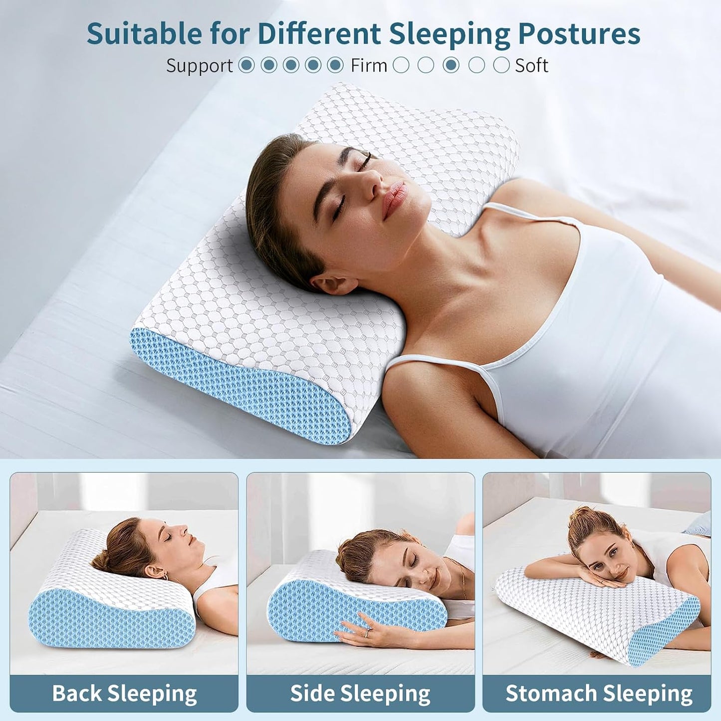 Cervical Pillow for Neck Pain Relief, Contour Memory Foam Pillows for Sleeping, Ergonomic Pillow Cooling Pillow Bed Pillow Neck Support for Side Back Stomach Sleepers (Blue)