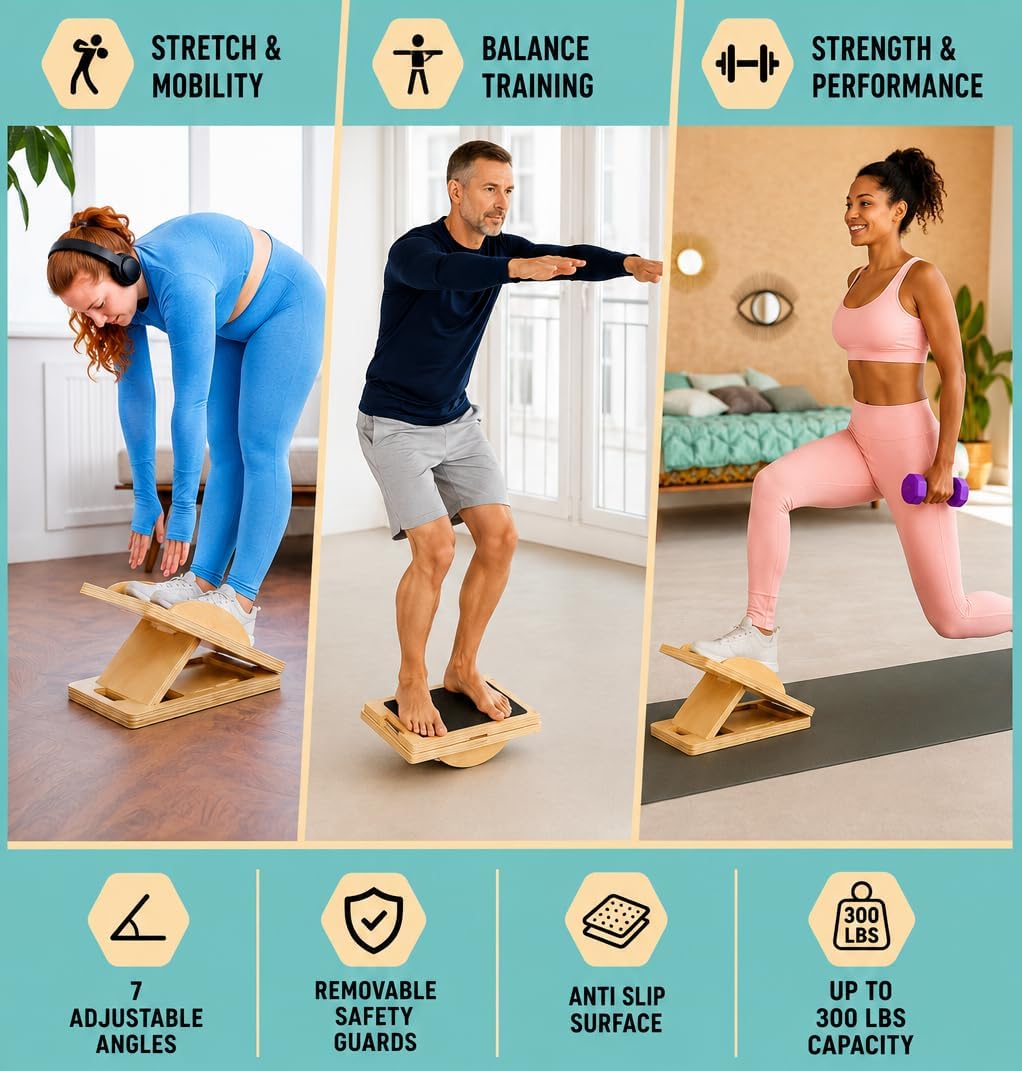 Slant Boards for Exercise, Wooden Slant Board, Calf Stretch Board with 7 Incline Angles, Velour Board, Balance Board & Calf Stretcher, Portable Incline Board for Physical Therapy, Ankle Mobility, Heel & Knees
