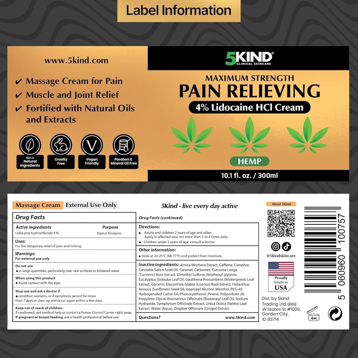 5Kind Extra Strong Lidocaine Cream with Hemp 10.1 fl oz Pain Relief Cream