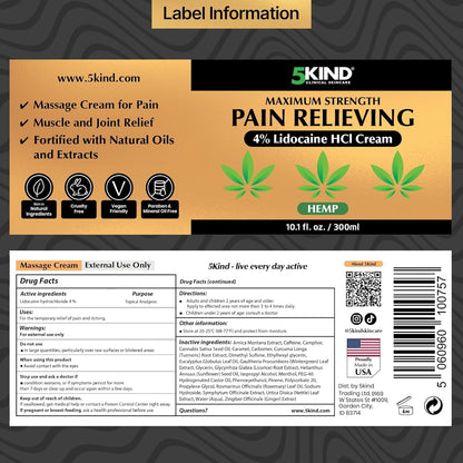 5Kind Extra Strong Lidocaine Cream with Hemp 10.1 fl oz Pain Relief Cream