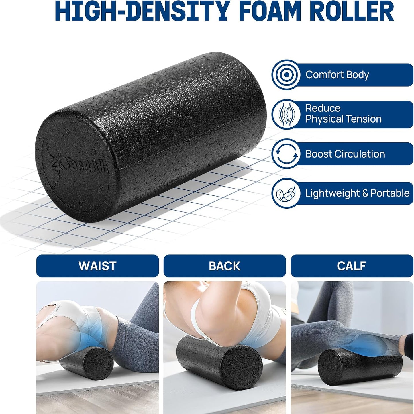 High Density Foam Roller for Back, Variety of Sizes & Colors for Yoga, Pilates - Blue Speckled - 18 Inches