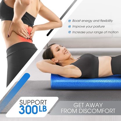 High Density Foam Roller for Back, Variety of Sizes & Colors for Yoga, Pilates - Blue Speckled - 18 Inches