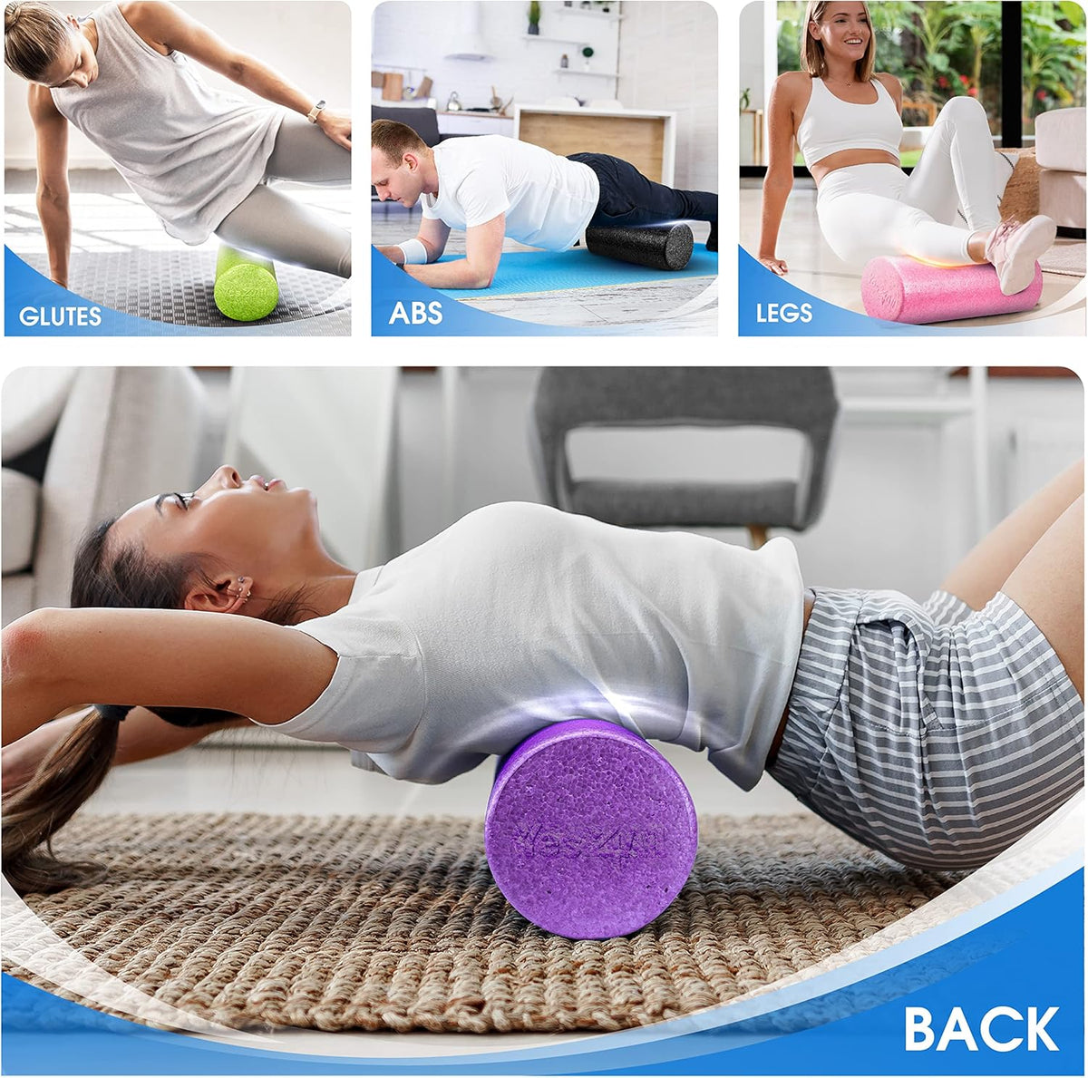 High Density Foam Roller for Back, Variety of Sizes & Colors for Yoga, Pilates - Blue Speckled - 18 Inches
