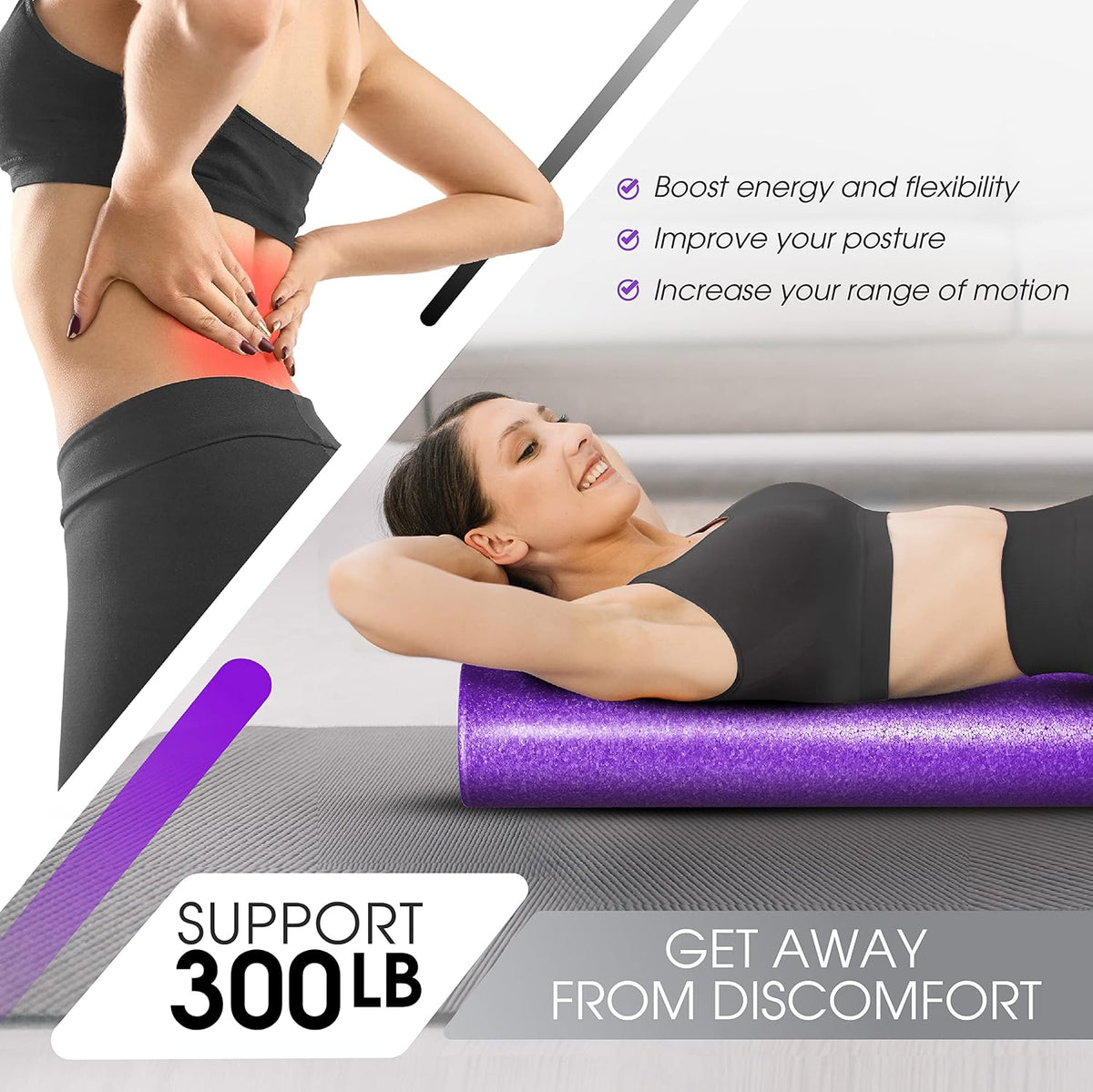 High Density Foam Roller for Back, Variety of Sizes & Colors for Yoga, Pilates - Blue Speckled - 18 Inches