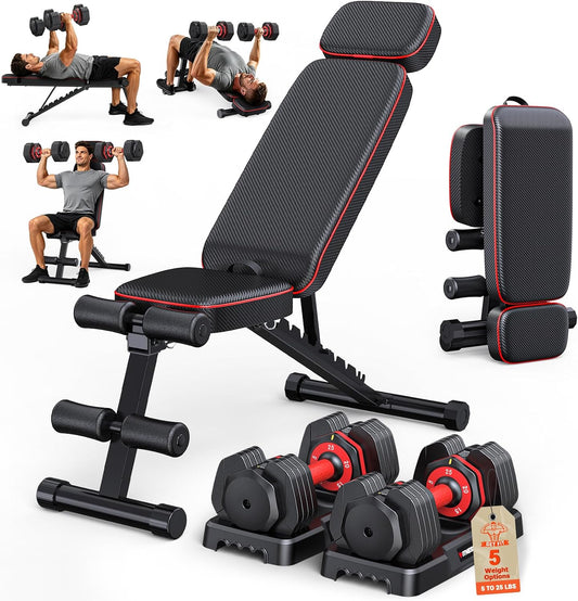 Adjustable Dumbbells Set of 2, 1 Hand Adjustable Weights Dumbbell Set and Workout Bench, 25/55/80lb Pair Weight Set For Home Gym Suit both Men and Women, Compact for Small Space Apartment Room