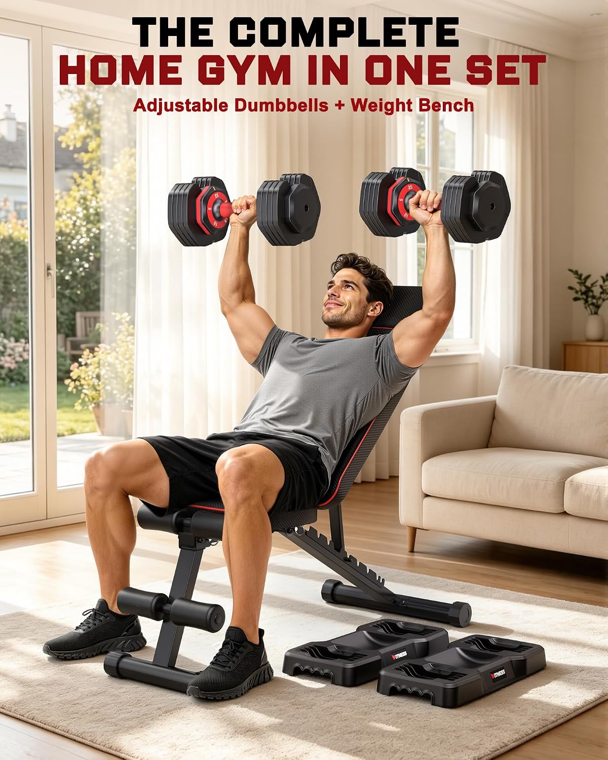 Adjustable Dumbbells Set of 2, 1 Hand Adjustable Weights Dumbbell Set and Workout Bench, 25/55/80lb Pair Weight Set For Home Gym Suit both Men and Women, Compact for Small Space Apartment Room
