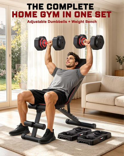 Adjustable Dumbbells Set of 2, 1 Hand Adjustable Weights Dumbbell Set and Workout Bench, 25/55/80lb Pair Weight Set For Home Gym Suit both Men and Women, Compact for Small Space Apartment Room