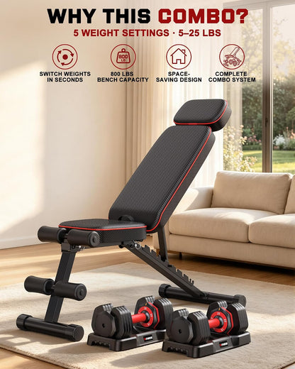 Adjustable Dumbbells Set of 2, 1 Hand Adjustable Weights Dumbbell Set and Workout Bench, 25/55/80lb Pair Weight Set For Home Gym Suit both Men and Women, Compact for Small Space Apartment Room