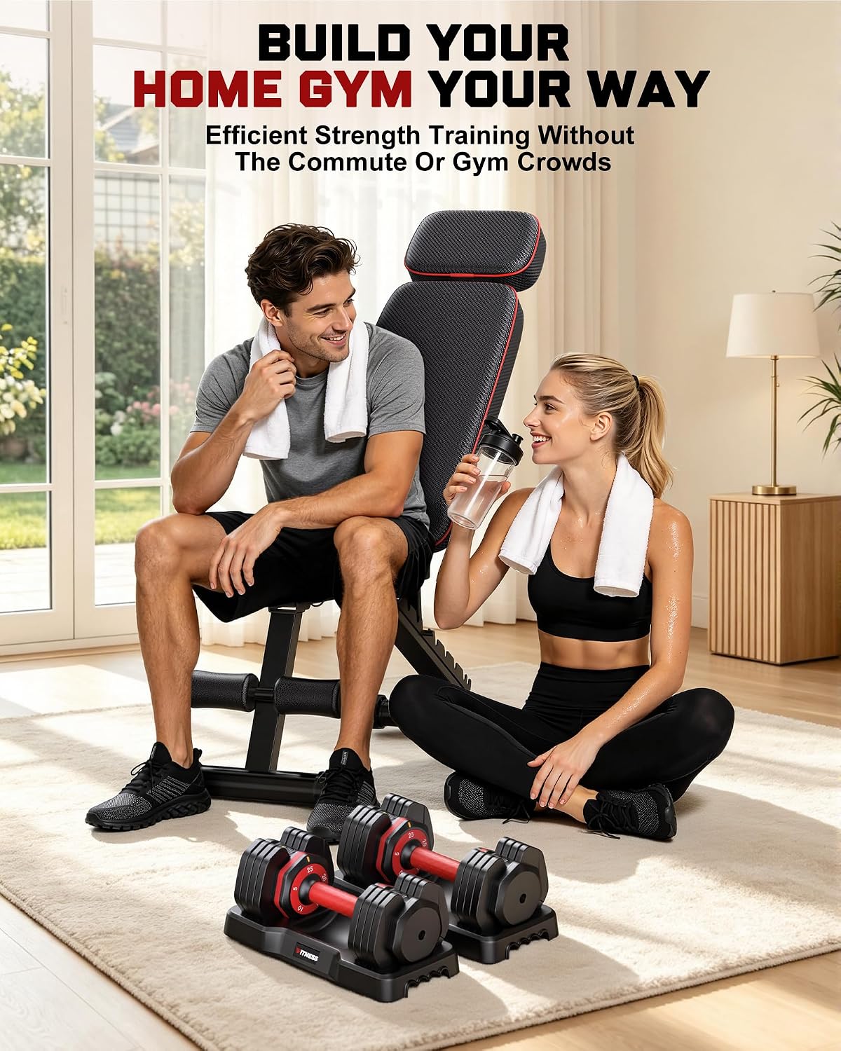 Adjustable Dumbbells Set of 2, 1 Hand Adjustable Weights Dumbbell Set and Workout Bench, 25/55/80lb Pair Weight Set For Home Gym Suit both Men and Women, Compact for Small Space Apartment Room