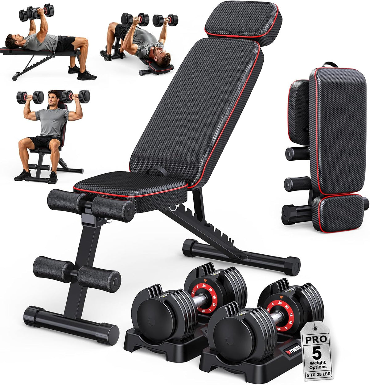 Adjustable Dumbbells Set of 2, 1 Hand Adjustable Weights Dumbbell Set and Workout Bench, 25/55/80lb Pair Weight Set For Home Gym Suit both Men and Women, Compact for Small Space Apartment Room