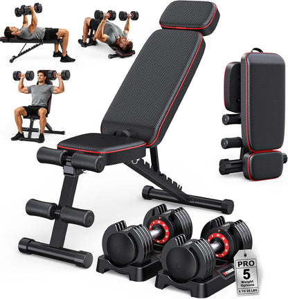 Adjustable Dumbbells Set of 2, 1 Hand Adjustable Weights Dumbbell Set and Workout Bench, 25/55/80lb Pair Weight Set For Home Gym Suit both Men and Women, Compact for Small Space Apartment Room