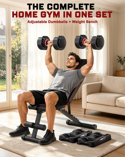 Adjustable Dumbbells Set of 2, 1 Hand Adjustable Weights Dumbbell Set and Workout Bench, 25/55/80lb Pair Weight Set For Home Gym Suit both Men and Women, Compact for Small Space Apartment Room