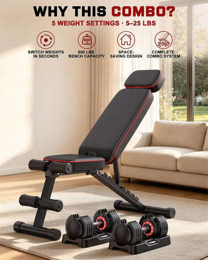 Adjustable Dumbbells Set of 2, 1 Hand Adjustable Weights Dumbbell Set and Workout Bench, 25/55/80lb Pair Weight Set For Home Gym Suit both Men and Women, Compact for Small Space Apartment Room