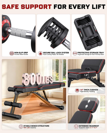 Adjustable Dumbbells Set of 2, 1 Hand Adjustable Weights Dumbbell Set and Workout Bench, 25/55/80lb Pair Weight Set For Home Gym Suit both Men and Women, Compact for Small Space Apartment Room
