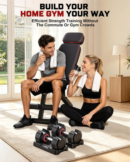 Adjustable Dumbbells Set of 2, 1 Hand Adjustable Weights Dumbbell Set and Workout Bench, 25/55/80lb Pair Weight Set For Home Gym Suit both Men and Women, Compact for Small Space Apartment Room