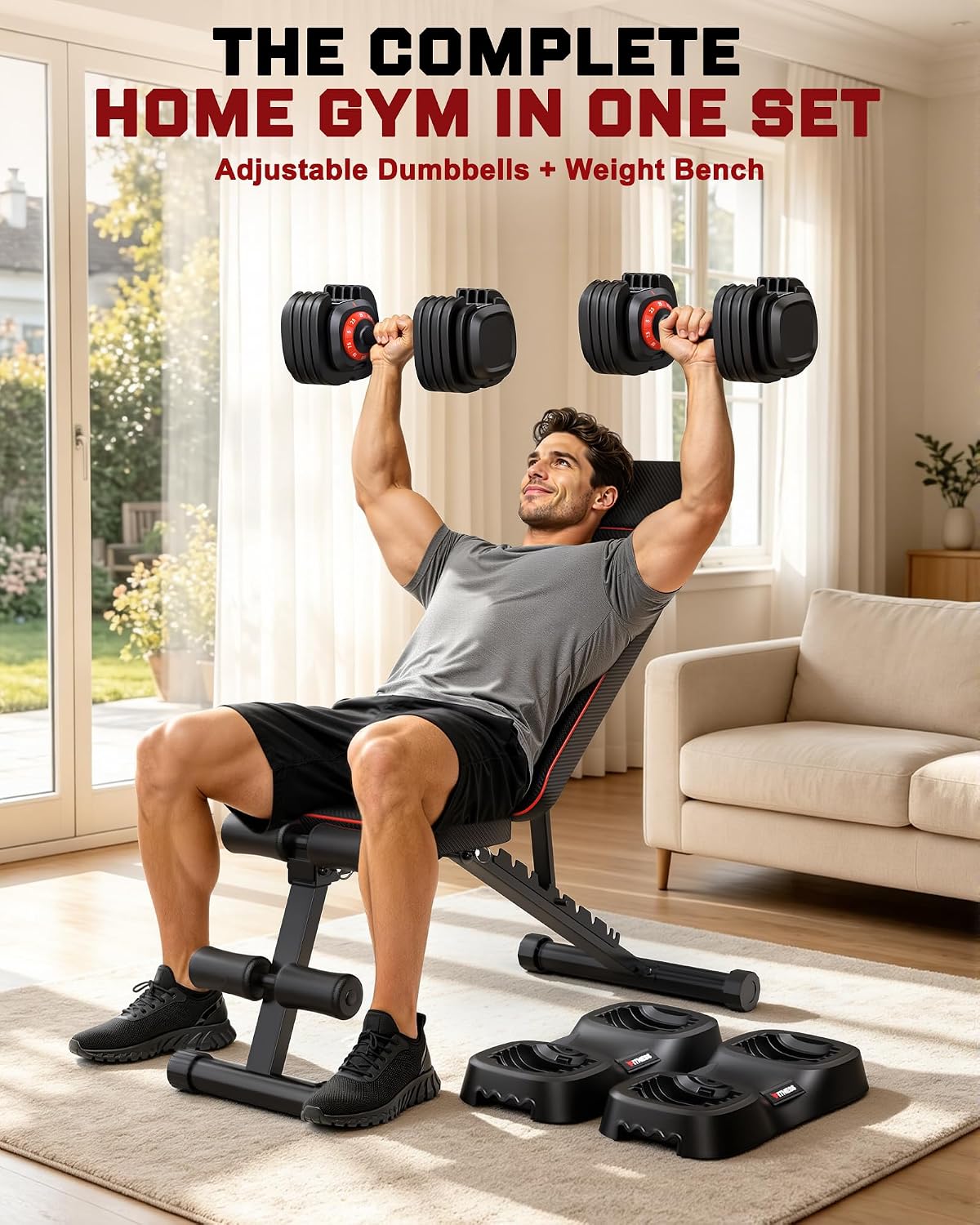 Adjustable Dumbbells Set of 2, 1 Hand Adjustable Weights Dumbbell Set and Workout Bench, 25/55/80lb Pair Weight Set For Home Gym Suit both Men and Women, Compact for Small Space Apartment Room