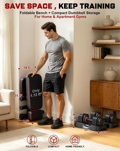 Adjustable Dumbbells Set of 2, 1 Hand Adjustable Weights Dumbbell Set and Workout Bench, 25/55/80lb Pair Weight Set For Home Gym Suit both Men and Women, Compact for Small Space Apartment Room