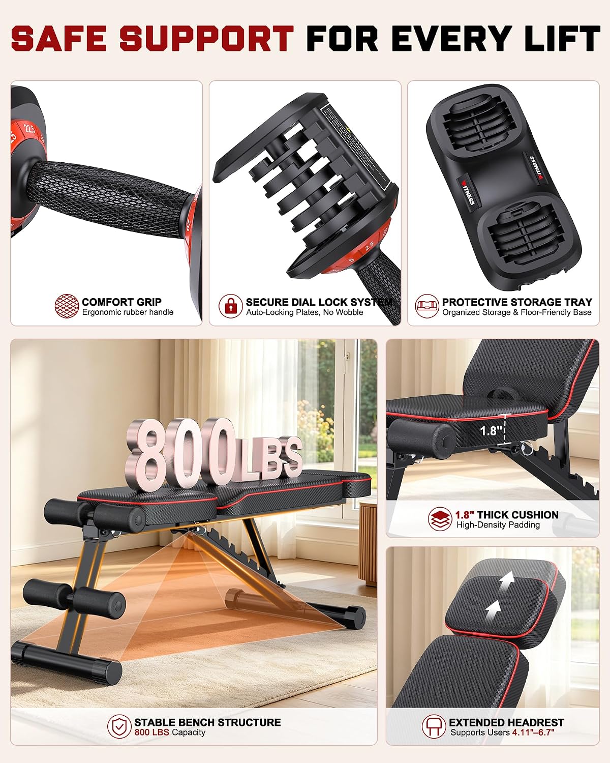 Adjustable Dumbbells Set of 2, 1 Hand Adjustable Weights Dumbbell Set and Workout Bench, 25/55/80lb Pair Weight Set For Home Gym Suit both Men and Women, Compact for Small Space Apartment Room