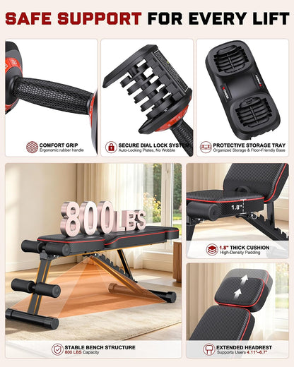 Adjustable Dumbbells Set of 2, 1 Hand Adjustable Weights Dumbbell Set and Workout Bench, 25/55/80lb Pair Weight Set For Home Gym Suit both Men and Women, Compact for Small Space Apartment Room