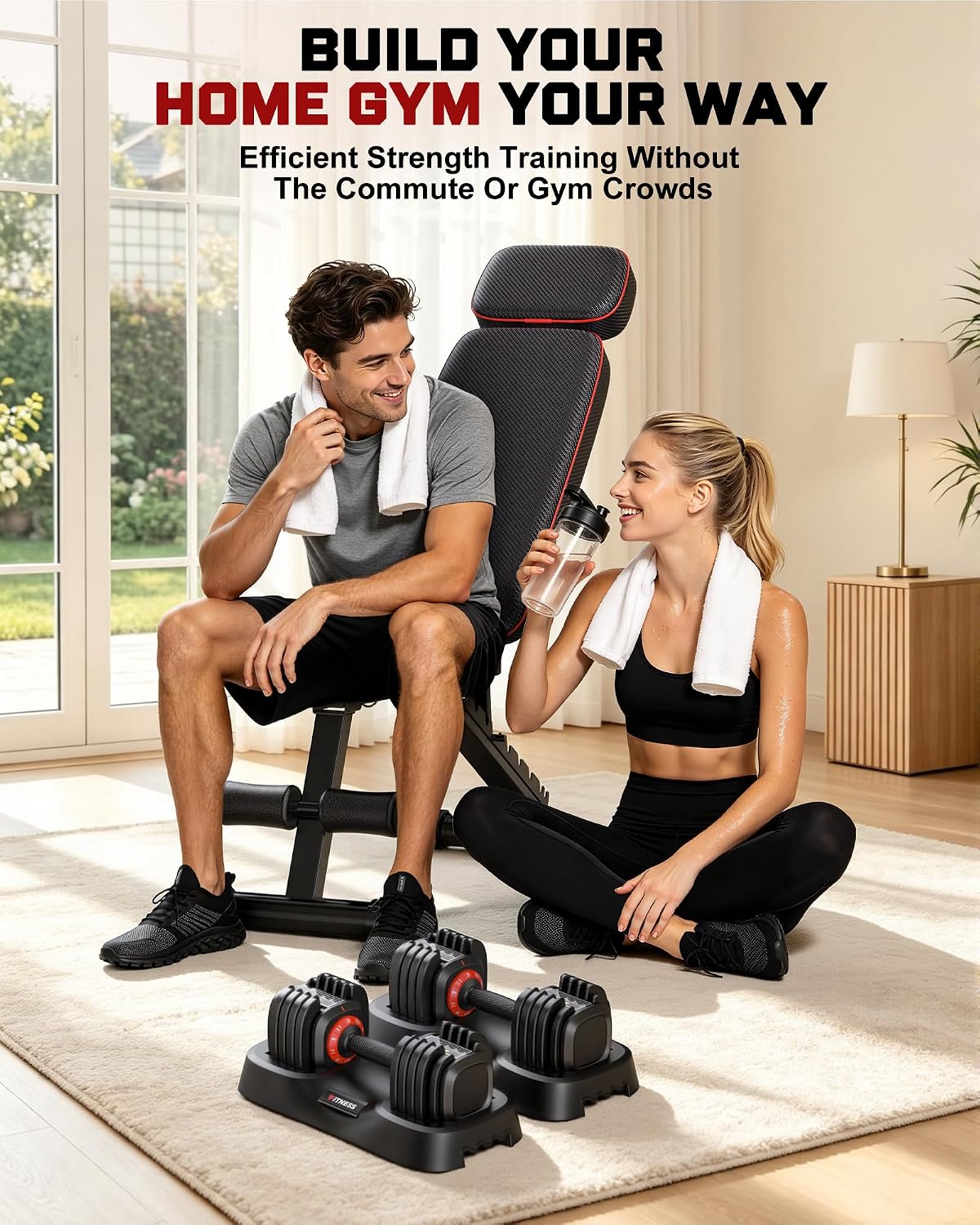 Adjustable Dumbbells Set of 2, 1 Hand Adjustable Weights Dumbbell Set and Workout Bench, 25/55/80lb Pair Weight Set For Home Gym Suit both Men and Women, Compact for Small Space Apartment Room