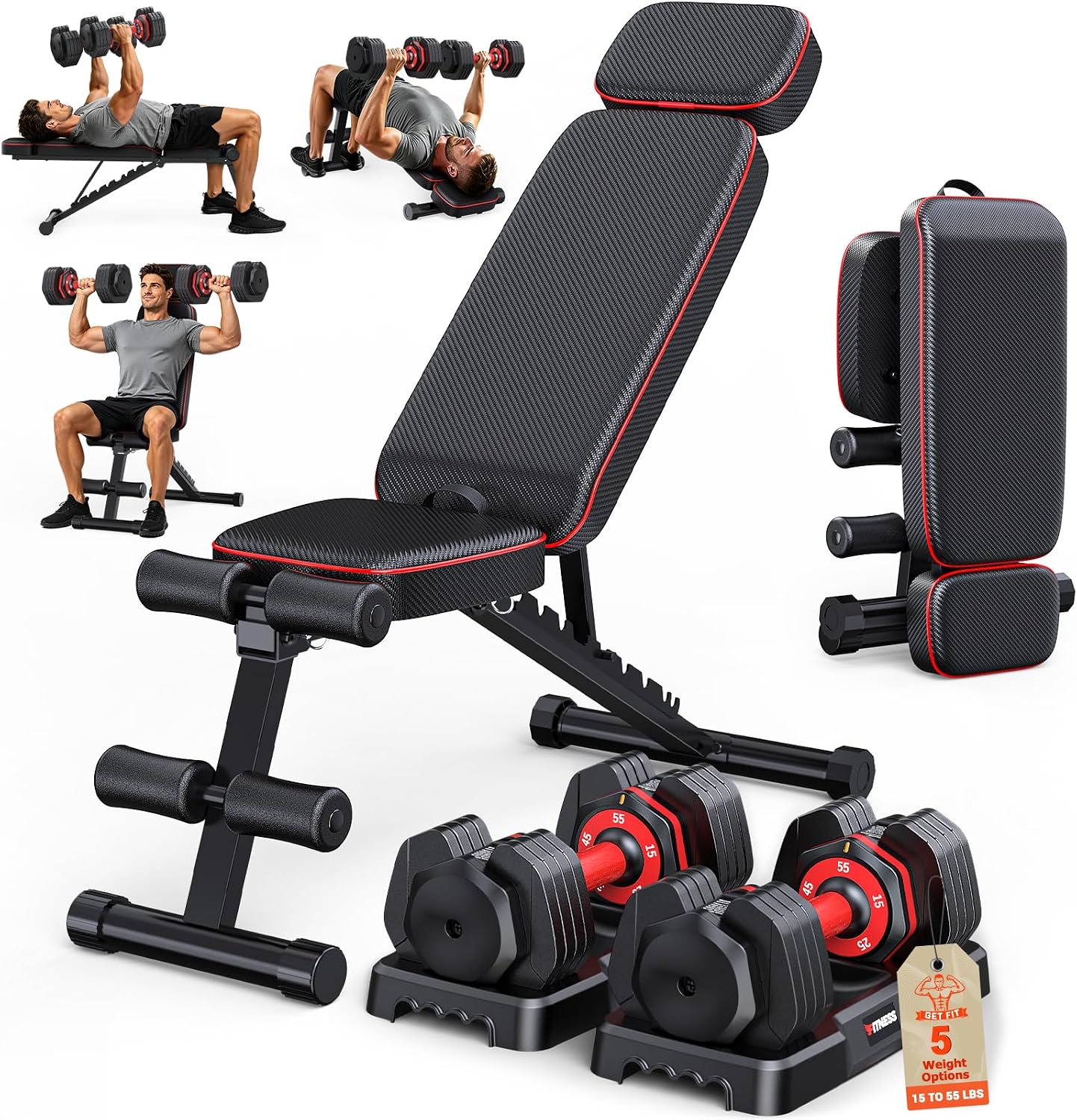 Adjustable Dumbbells Set of 2, 1 Hand Adjustable Weights Dumbbell Set and Workout Bench, 25/55/80lb Pair Weight Set For Home Gym Suit both Men and Women, Compact for Small Space Apartment Room