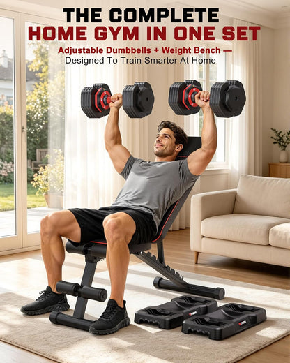 Adjustable Dumbbells Set of 2, 1 Hand Adjustable Weights Dumbbell Set and Workout Bench, 25/55/80lb Pair Weight Set For Home Gym Suit both Men and Women, Compact for Small Space Apartment Room