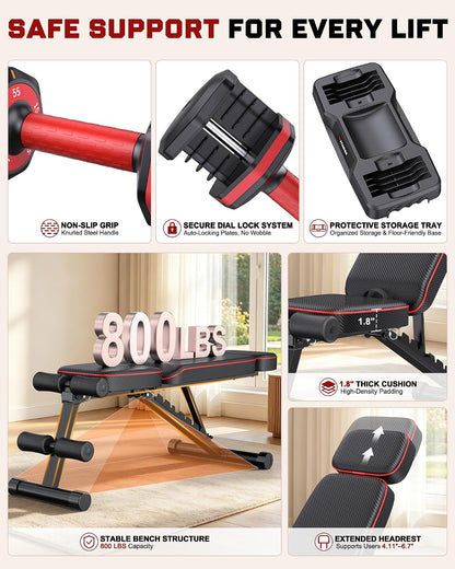 Adjustable Dumbbells Set of 2, 1 Hand Adjustable Weights Dumbbell Set and Workout Bench, 25/55/80lb Pair Weight Set For Home Gym Suit both Men and Women, Compact for Small Space Apartment Room