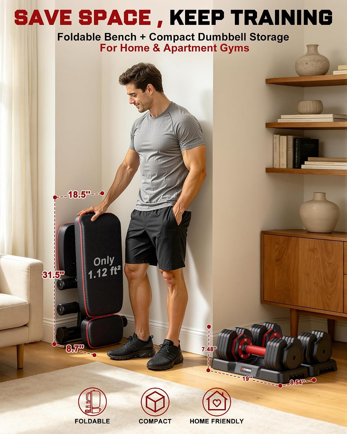 Adjustable Dumbbells Set of 2, 1 Hand Adjustable Weights Dumbbell Set and Workout Bench, 25/55/80lb Pair Weight Set For Home Gym Suit both Men and Women, Compact for Small Space Apartment Room