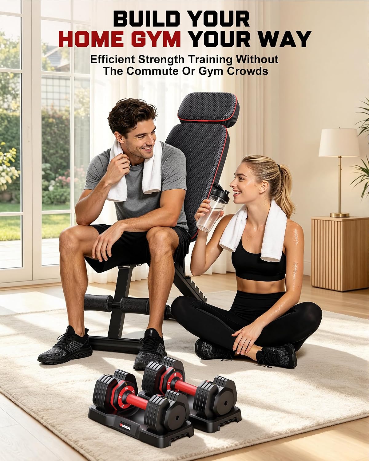 Adjustable Dumbbells Set of 2, 1 Hand Adjustable Weights Dumbbell Set and Workout Bench, 25/55/80lb Pair Weight Set For Home Gym Suit both Men and Women, Compact for Small Space Apartment Room