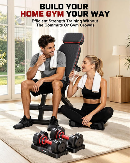 Adjustable Dumbbells Set of 2, 1 Hand Adjustable Weights Dumbbell Set and Workout Bench, 25/55/80lb Pair Weight Set For Home Gym Suit both Men and Women, Compact for Small Space Apartment Room