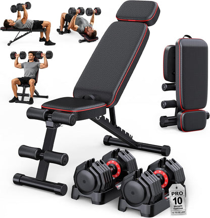 Adjustable Dumbbells Set of 2, 1 Hand Adjustable Weights Dumbbell Set and Workout Bench, 25/55/80lb Pair Weight Set For Home Gym Suit both Men and Women, Compact for Small Space Apartment Room