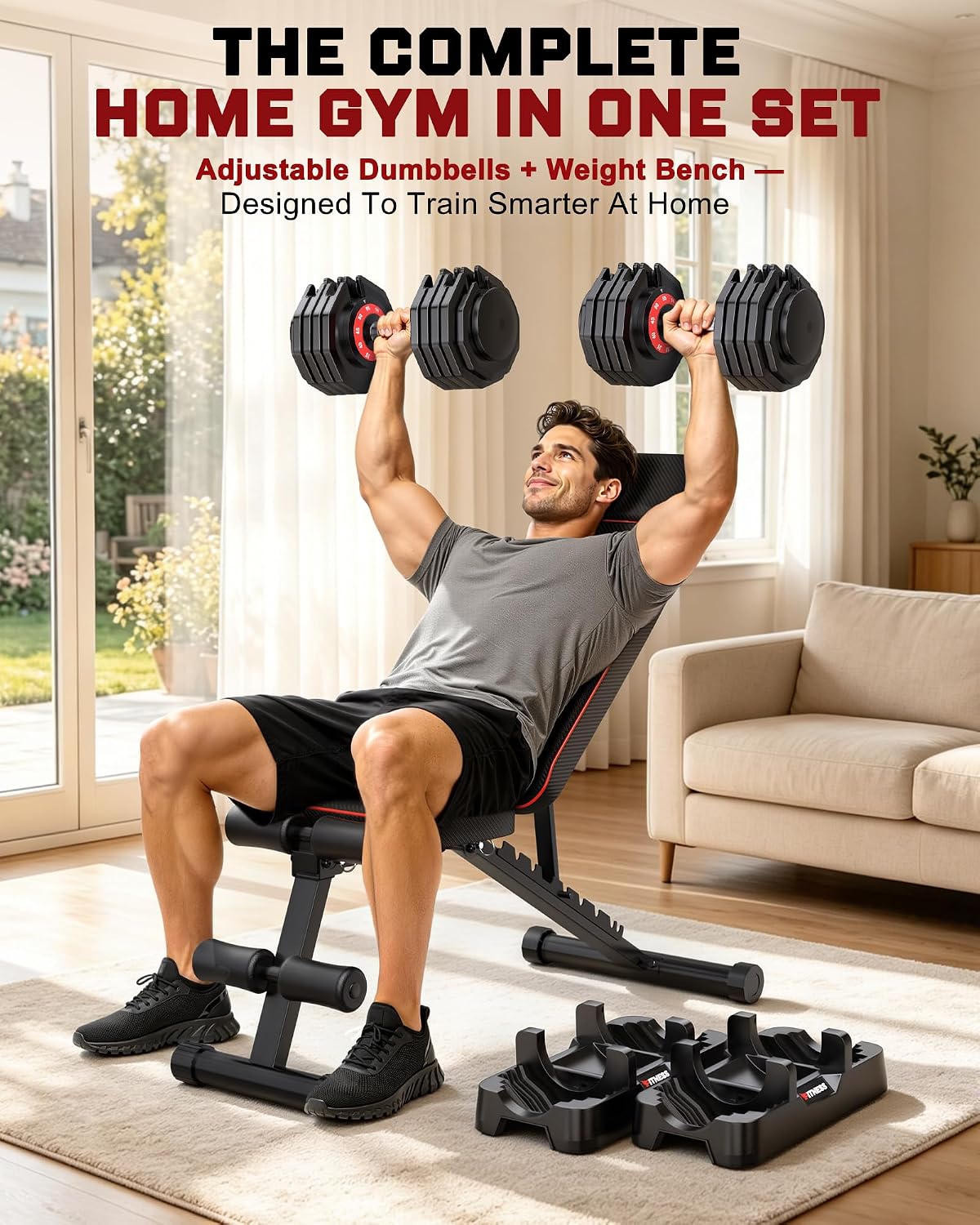 Adjustable Dumbbells Set of 2, 1 Hand Adjustable Weights Dumbbell Set and Workout Bench, 25/55/80lb Pair Weight Set For Home Gym Suit both Men and Women, Compact for Small Space Apartment Room