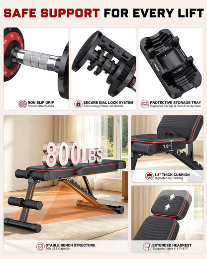 Adjustable Dumbbells Set of 2, 1 Hand Adjustable Weights Dumbbell Set and Workout Bench, 25/55/80lb Pair Weight Set For Home Gym Suit both Men and Women, Compact for Small Space Apartment Room